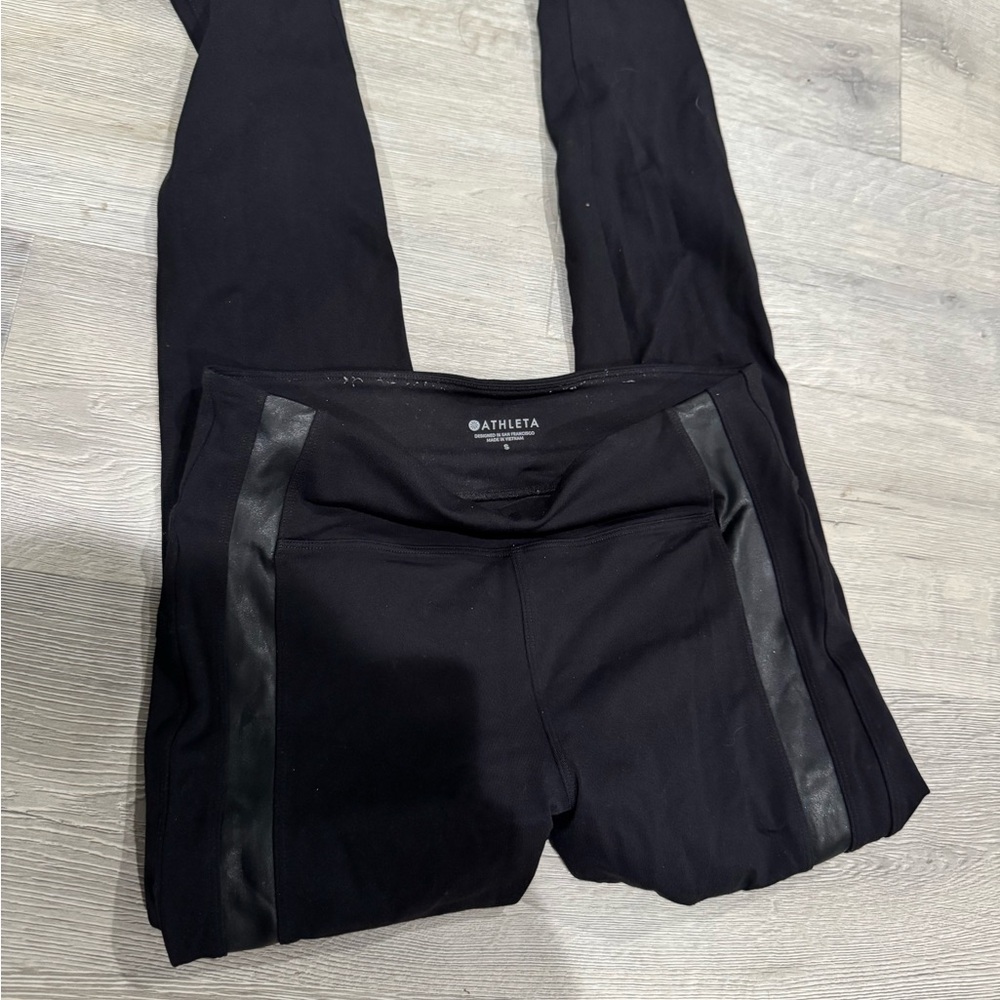 Athleta Leggings Womens Black Metro Faux Leather Tux Stripe Back Pockets Size:S